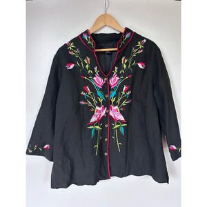 Silkland silk Button Down Top Size 2X Black Floral Embroidered jacket blazer